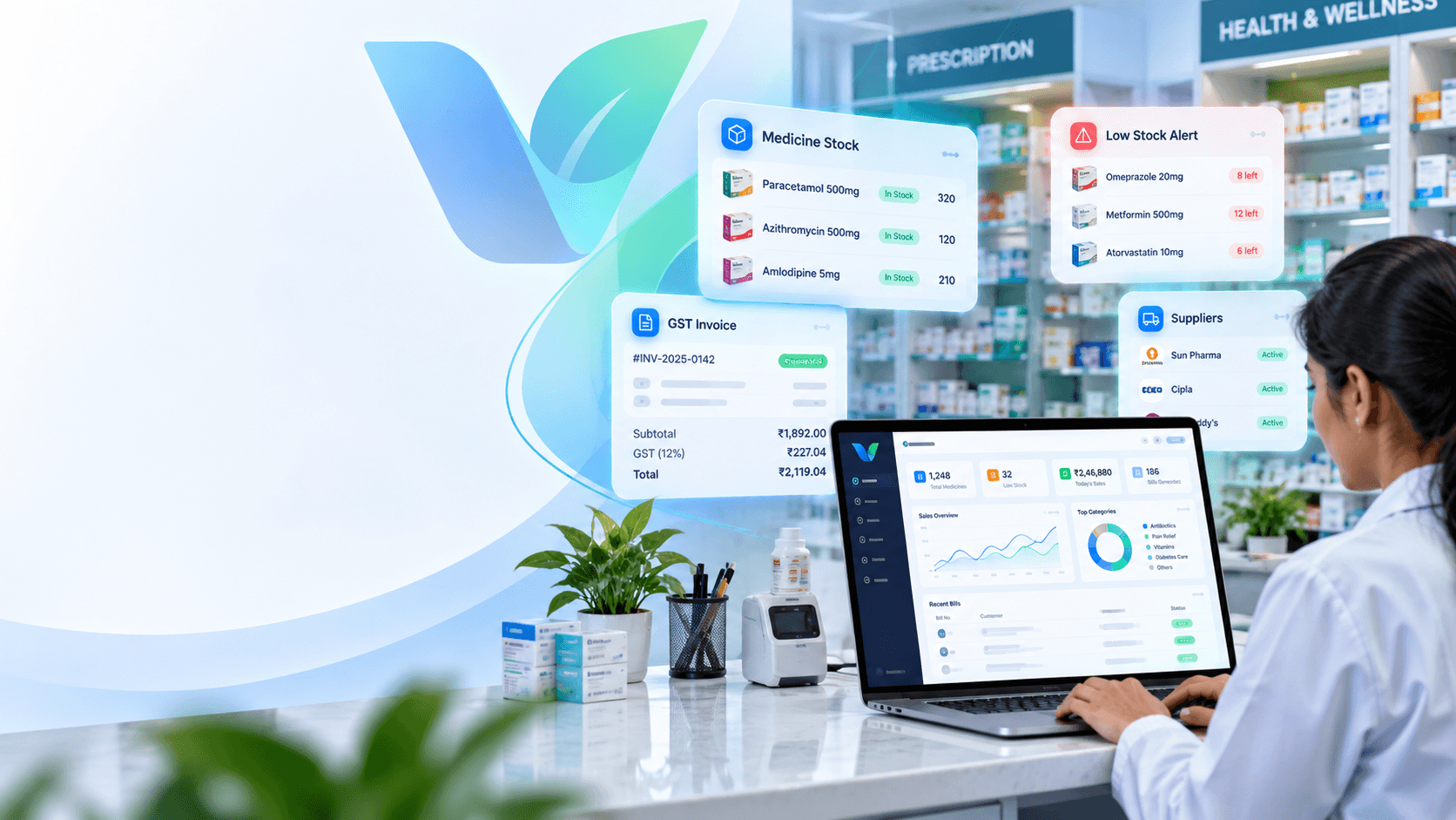 Vyavan pharmacy dashboard with medicine stock, GST invoice and low-stock alerts